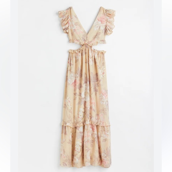 H&M Cut Out V-Neck Frill Flowy Back Tie Floral Draping Maxi Dress Size Small - Picture 2 of 13